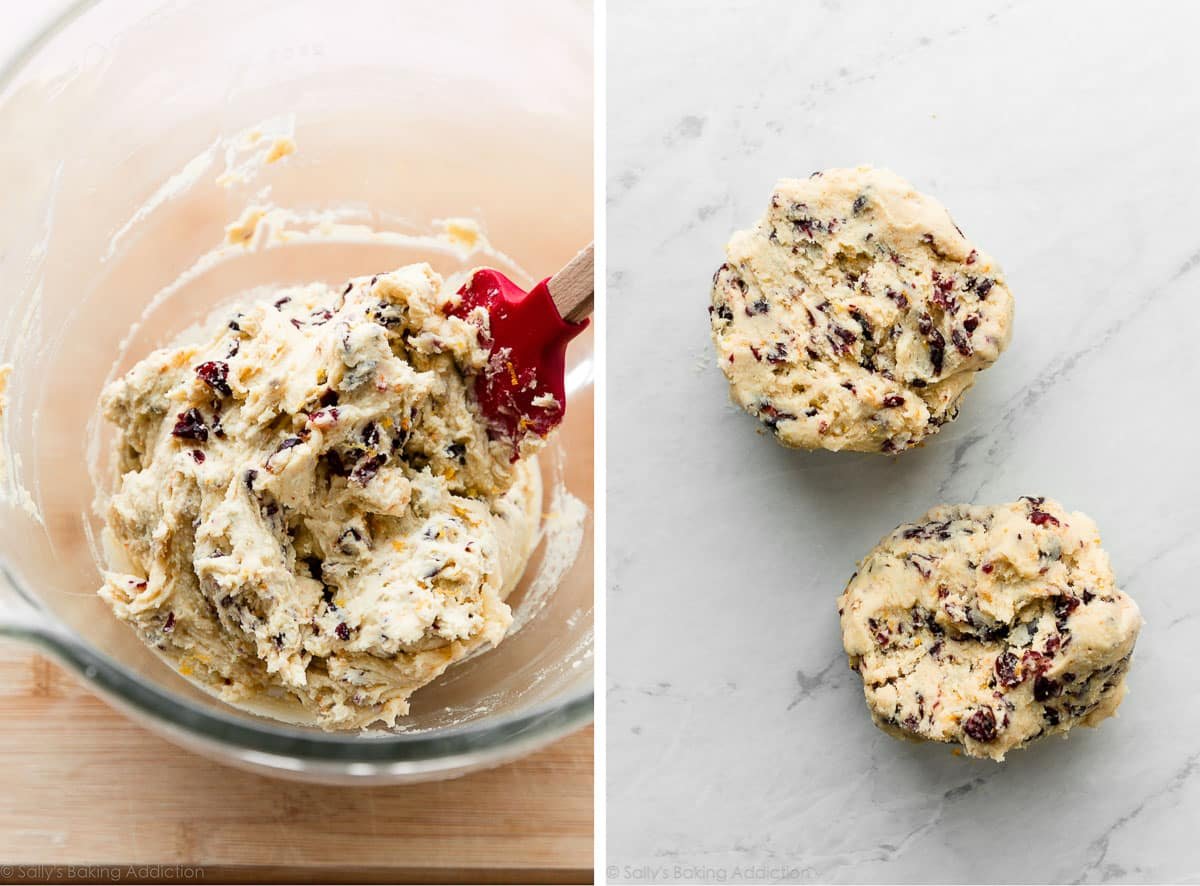 cranberry cookie dough in glass measuring bowl and shown again divided in half on countertop.