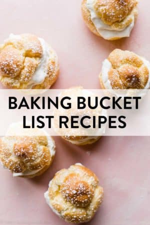 cream puffs on pink backdrop with text baking bucket list recipes on top.
