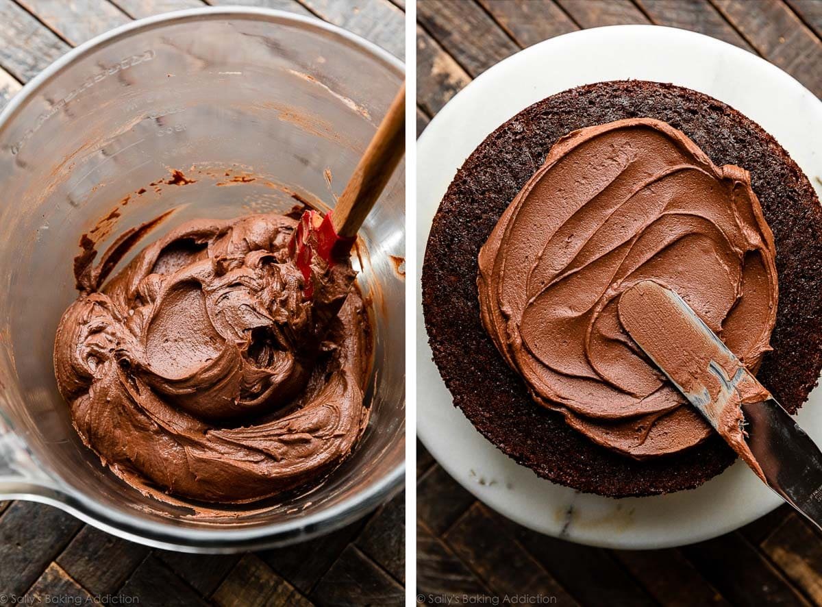 chocolate buttercream in glass bowl and shown again being spread on top of chocolate cake.