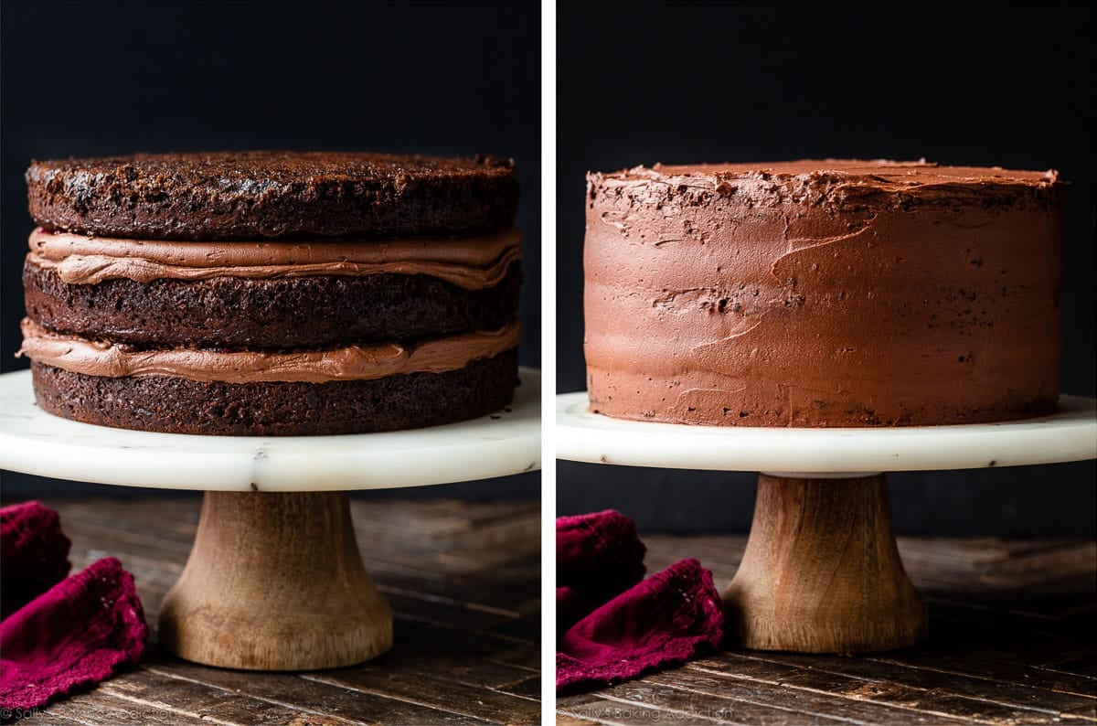 3-layer chocolate cake shown before and after adding a chocolate buttercream crumb coat.