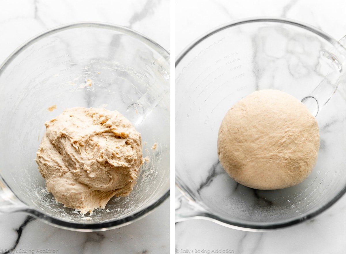 sticky-looking dough in glass bowl and dough shown again after kneading.