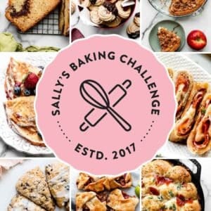collage of recipe photos with a pink logo on top that says Sally's Baking Challenge