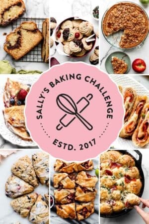 collage of recipe photos with a pink logo on top that says Sally's Baking Challenge