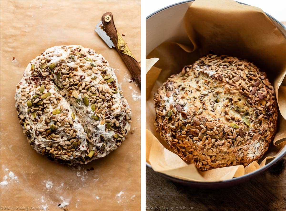 seeded bread before and after baking.