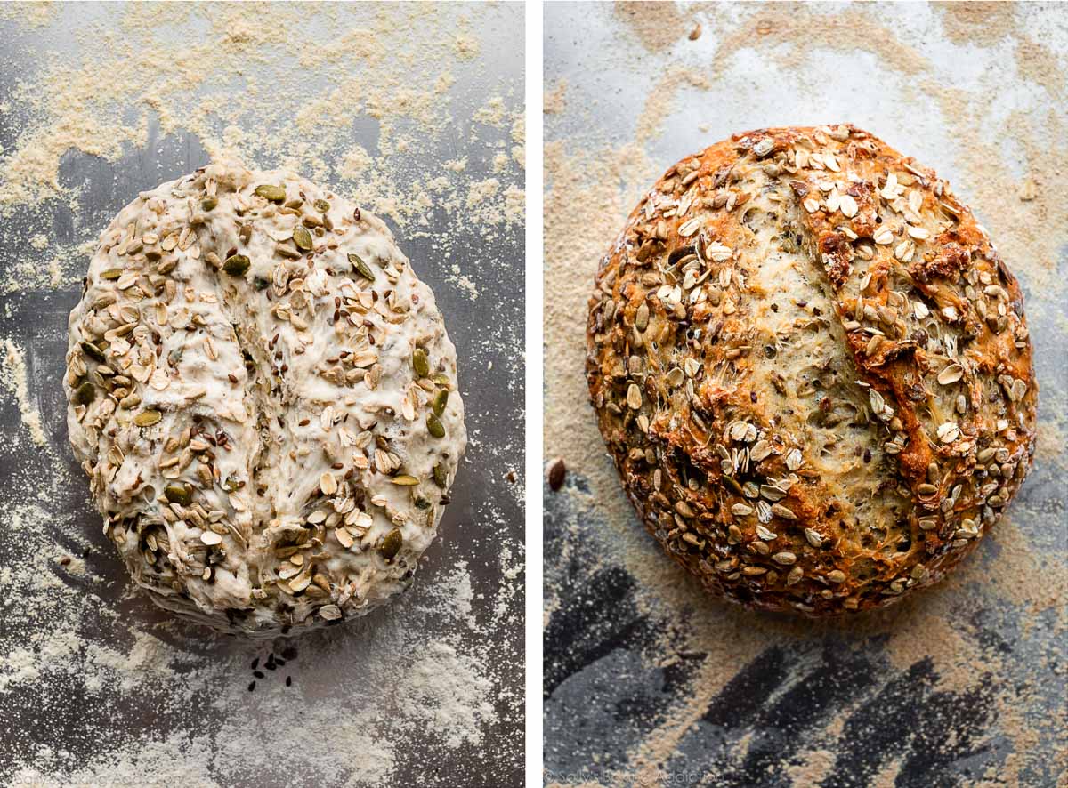 seeded bread before and after baking on silver baking sheet.