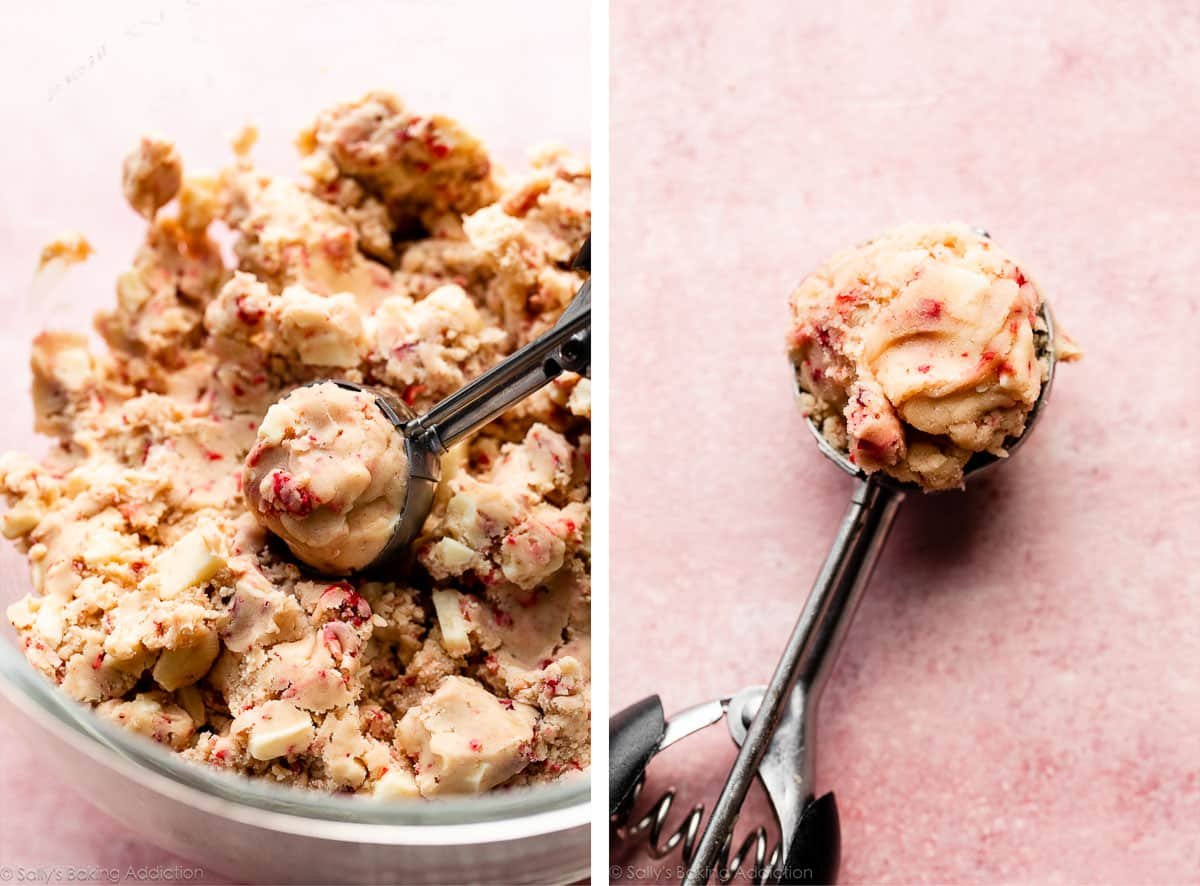 white chocolate strawberry cream cheese cookie dough in bowl and shown again in cookie scoop.