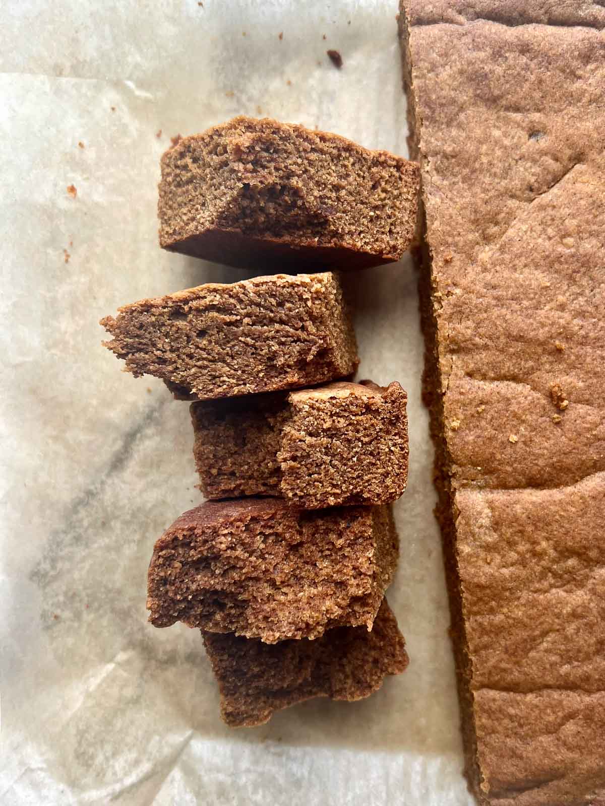 puffy gingerbread bars cut into squares.