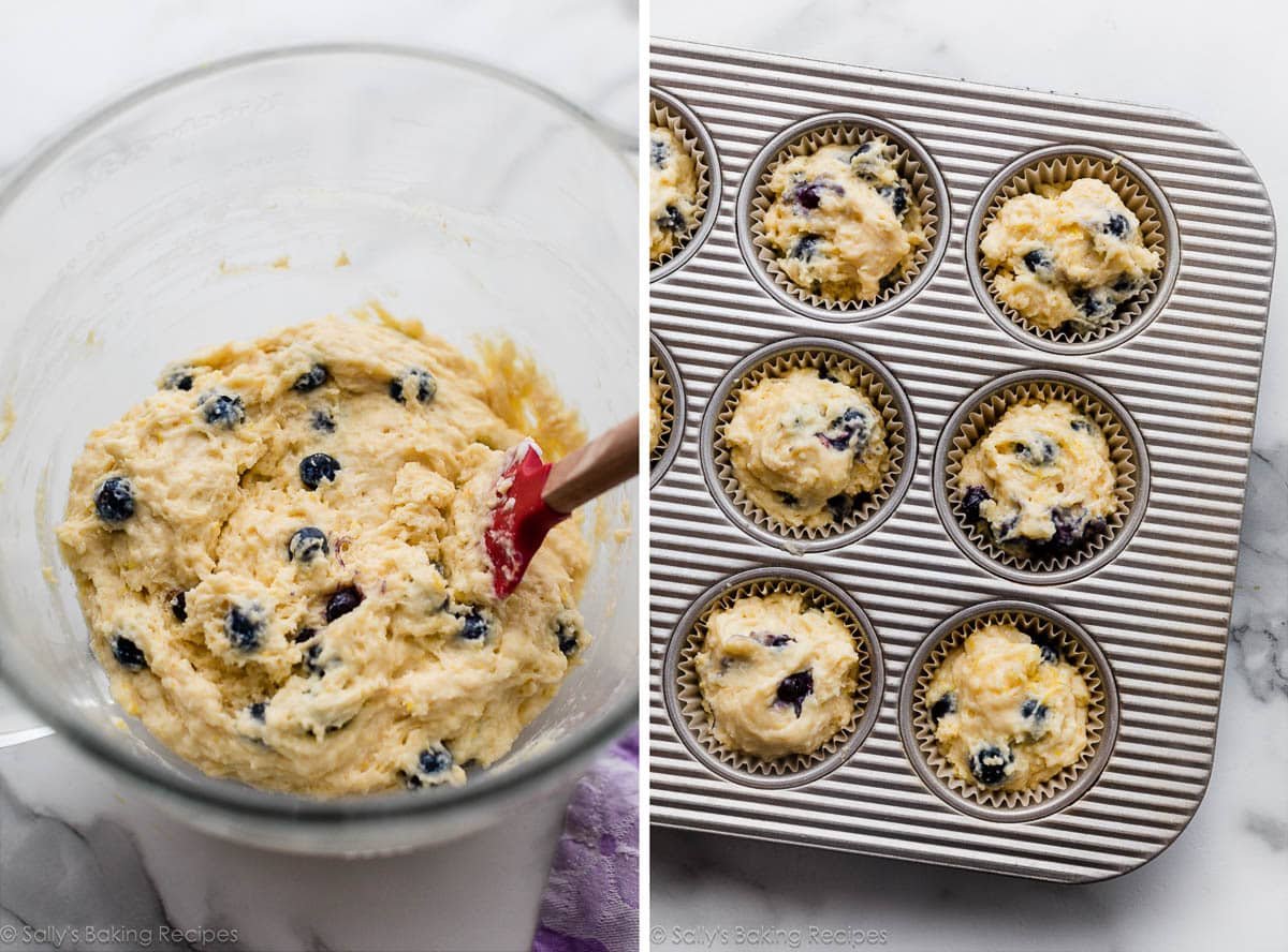 lemon batter with blueberries in bowl and shown again in muffin cups.