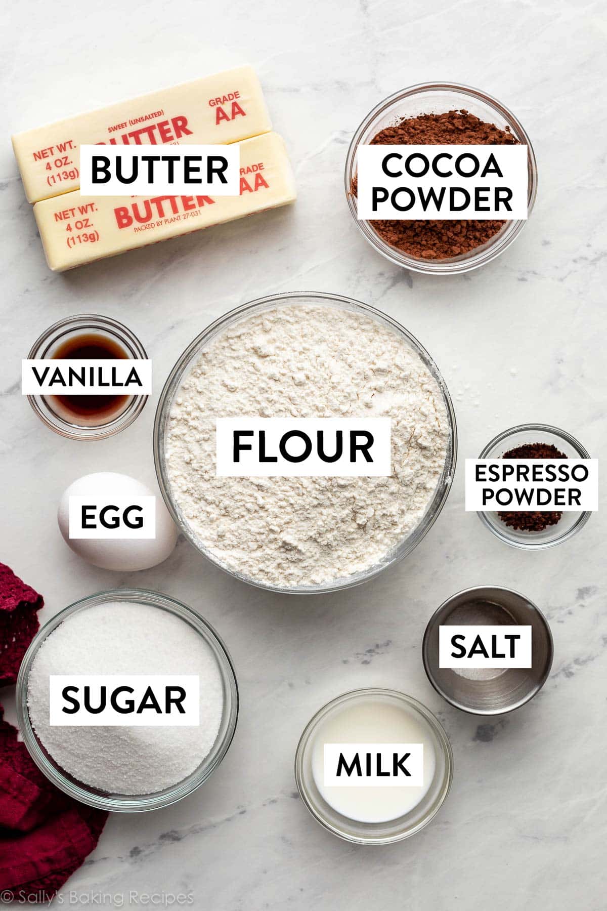 flour, cocoa powder, milk, vanilla, salt, sugar, and egg on marble backdrop.
