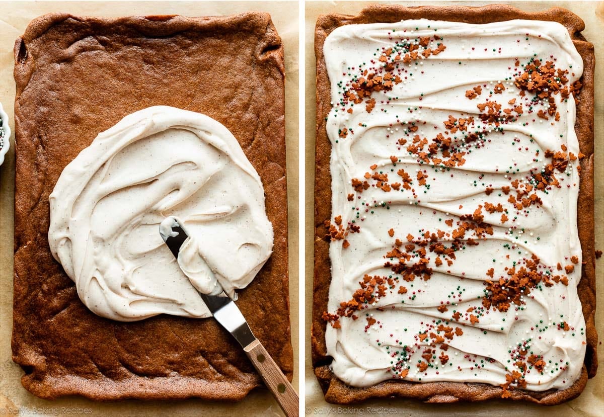 frosting a slab of cookie bars and shown again with sprinkles on top.