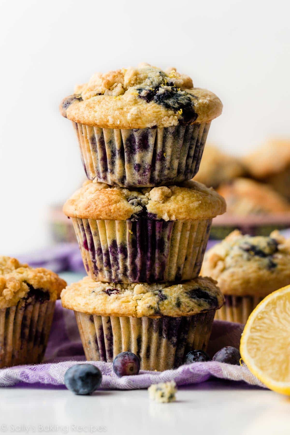 stack of 3 lemon blueberry muffins.