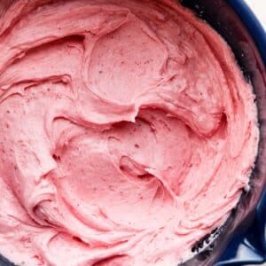 strawberry buttercream in blue bowl.