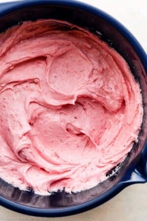 strawberry buttercream in blue bowl.