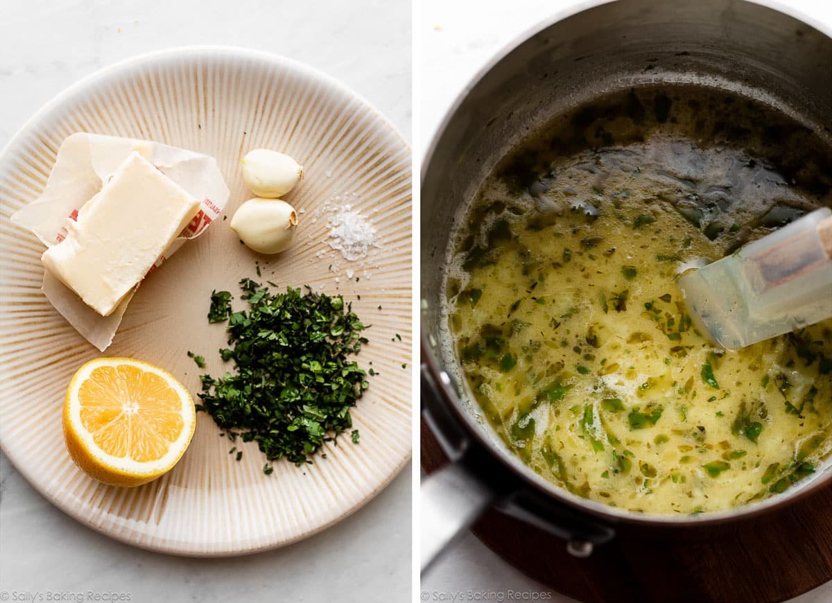 lemon, butter, garlic, herbs, and salt on plate and pictured again melted together as a sauce in a saucepan.