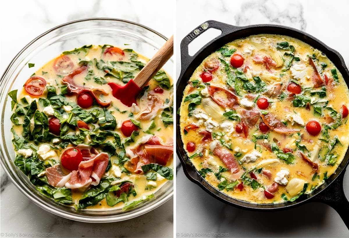 egg mixture with spinach and tomatoes in glass bowl and shown again in cast iron skillet.