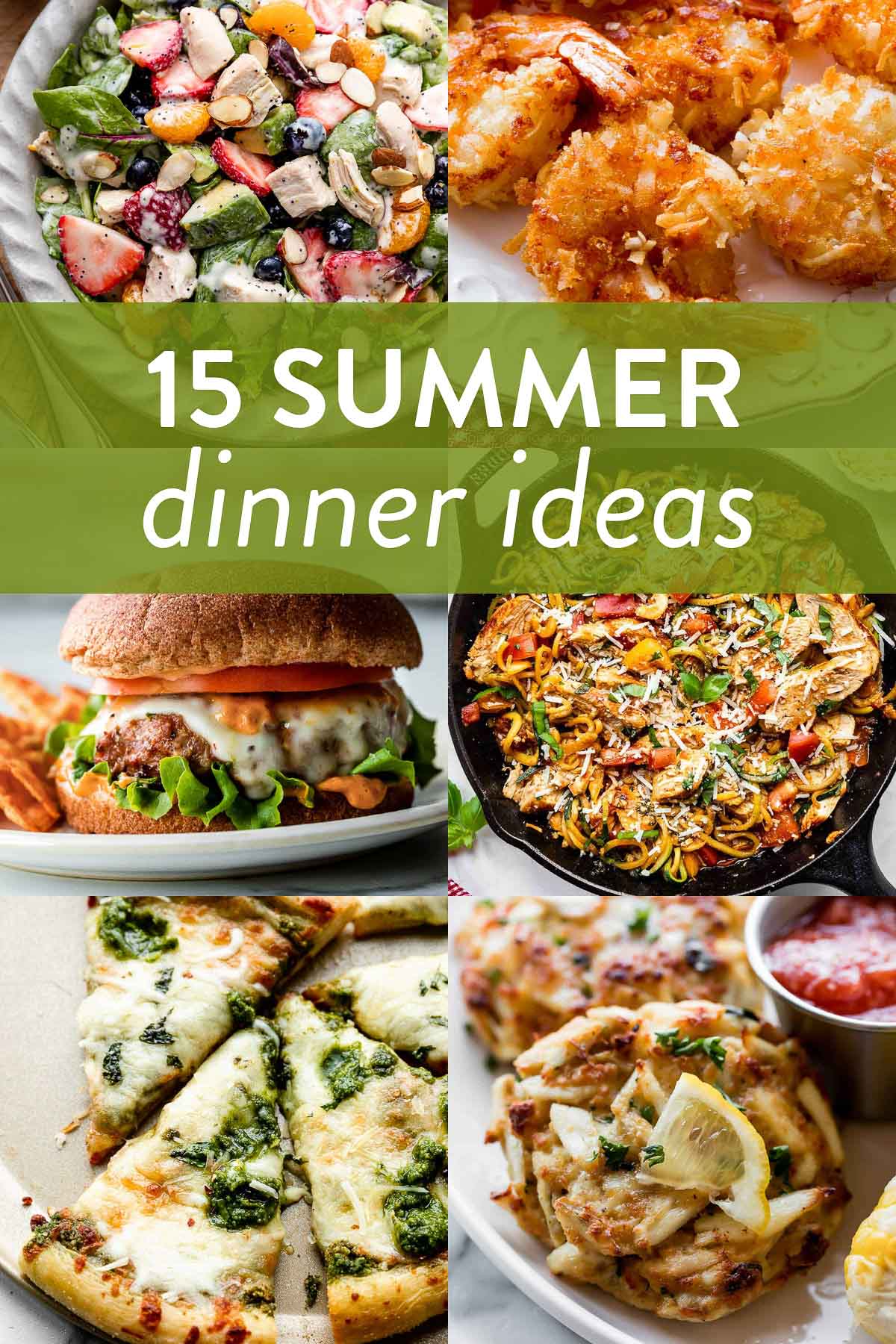 collage of summer dinner recipe photos including coconut shrimp, turkey burgers, strawberry chicken salad, crab cakes, and pesto pizza.