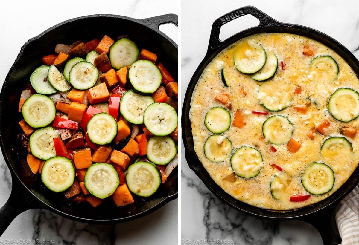 sauteed vegetables in cast iron skillet and shown again with eggs poured on top.