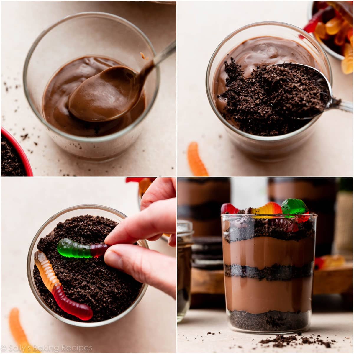 4-photo collage showing layering homemade chocolate pudding, crushed Oreo cookies, and gummy worms in a glass cup.