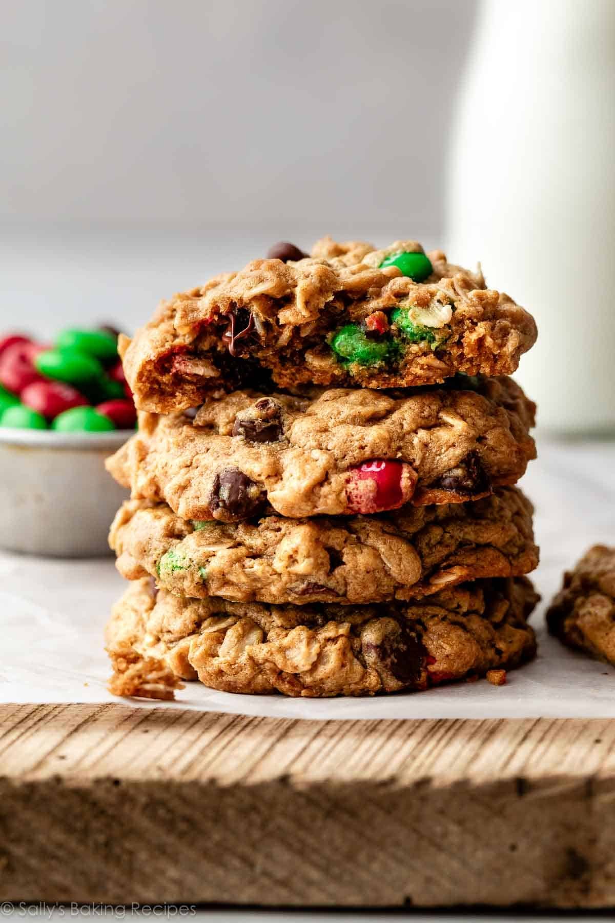 stack of Christmas-colored M&M flourless peanut butter oatmeal monster cookies.