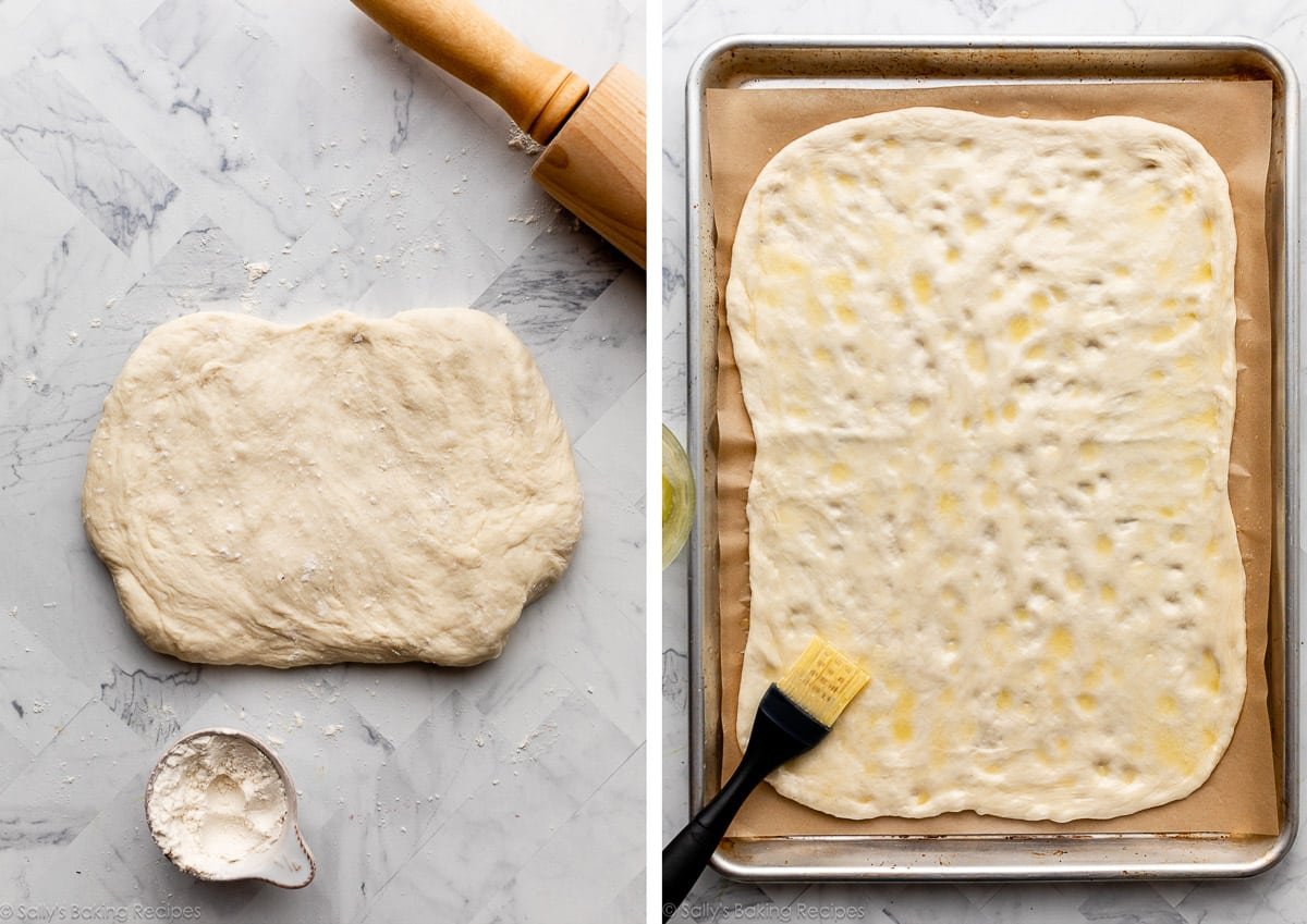 flatbread dough on marble counter and shown again rolled out on lined baking sheet with melted butter spread on top.