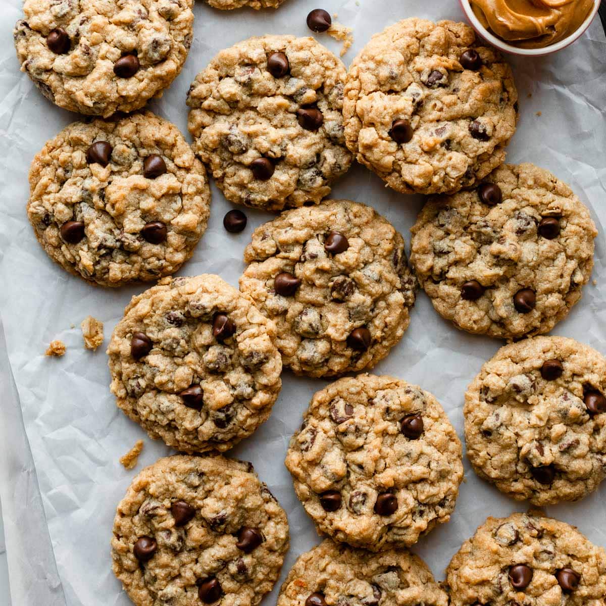 peanut butter oatmeal cookies on parchment paper.