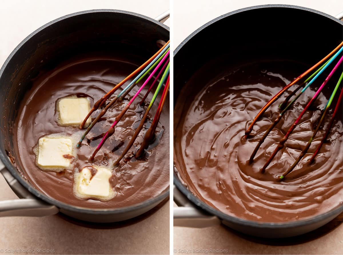 whisking butter into chocolate mixture in saucepan.
