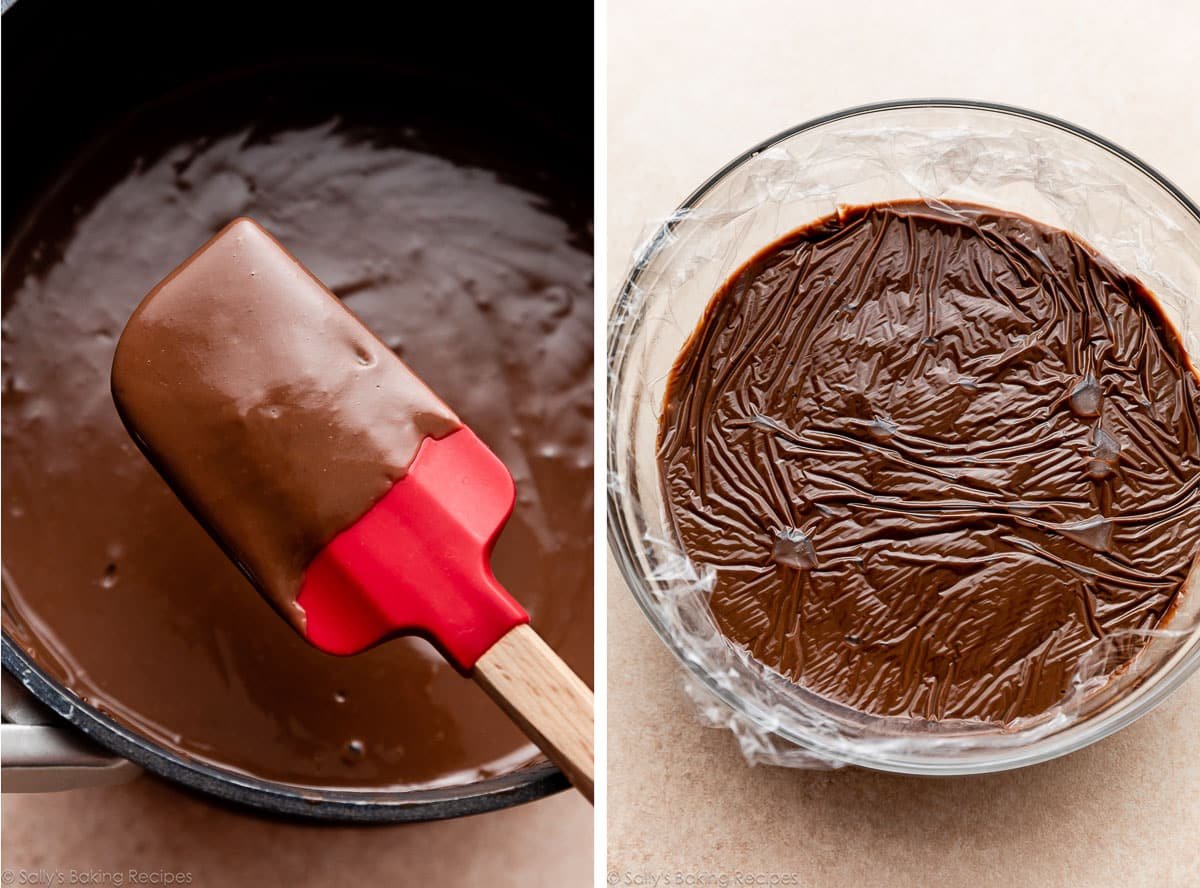 spatula with chocolate pudding on it and the bowl of chocolate pudding shown with plastic wrap on top.