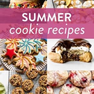 collage of summer cookie recipes pictures including lemon crinkles, fireworks-decorated cookies, ice cream cookie sandwiches, and strawberry cookies.