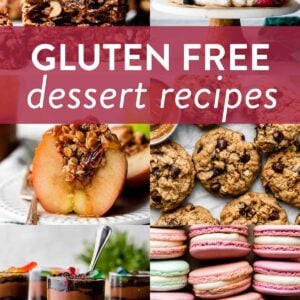 collage of gluten free dessert recipes including pavlova, chocolate oat bars, baked apple, peanut butter cookies, chocolate dirt pudding, and french macarons.