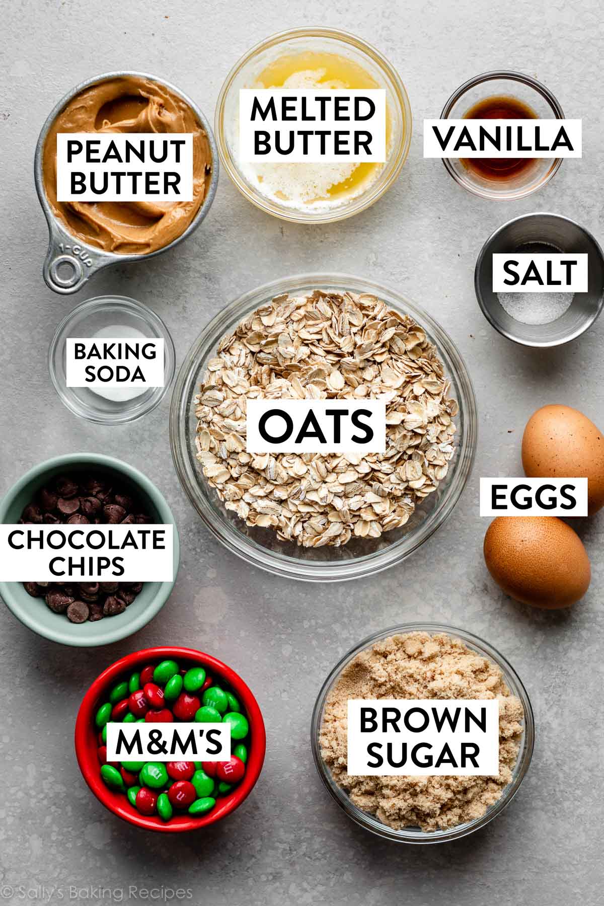 measured ingredients in bowls on gray backdrop including peanut butter, brown sugar, salt, chocolate chips, mms, vanilla, and eggs.