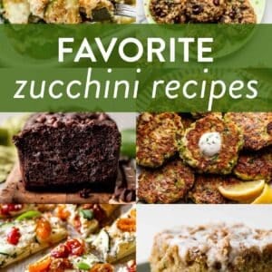 collage of zucchini recipes including zucchini casserole, oatmeal cookies, chocolate zucchini bread, fritters, flatbread with tomatoes, and crumb cake.
