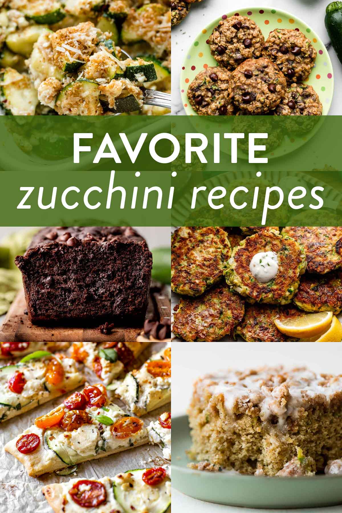collage of zucchini recipes including zucchini casserole, oatmeal cookies, chocolate zucchini bread, fritters, flatbread with tomatoes, and crumb cake.