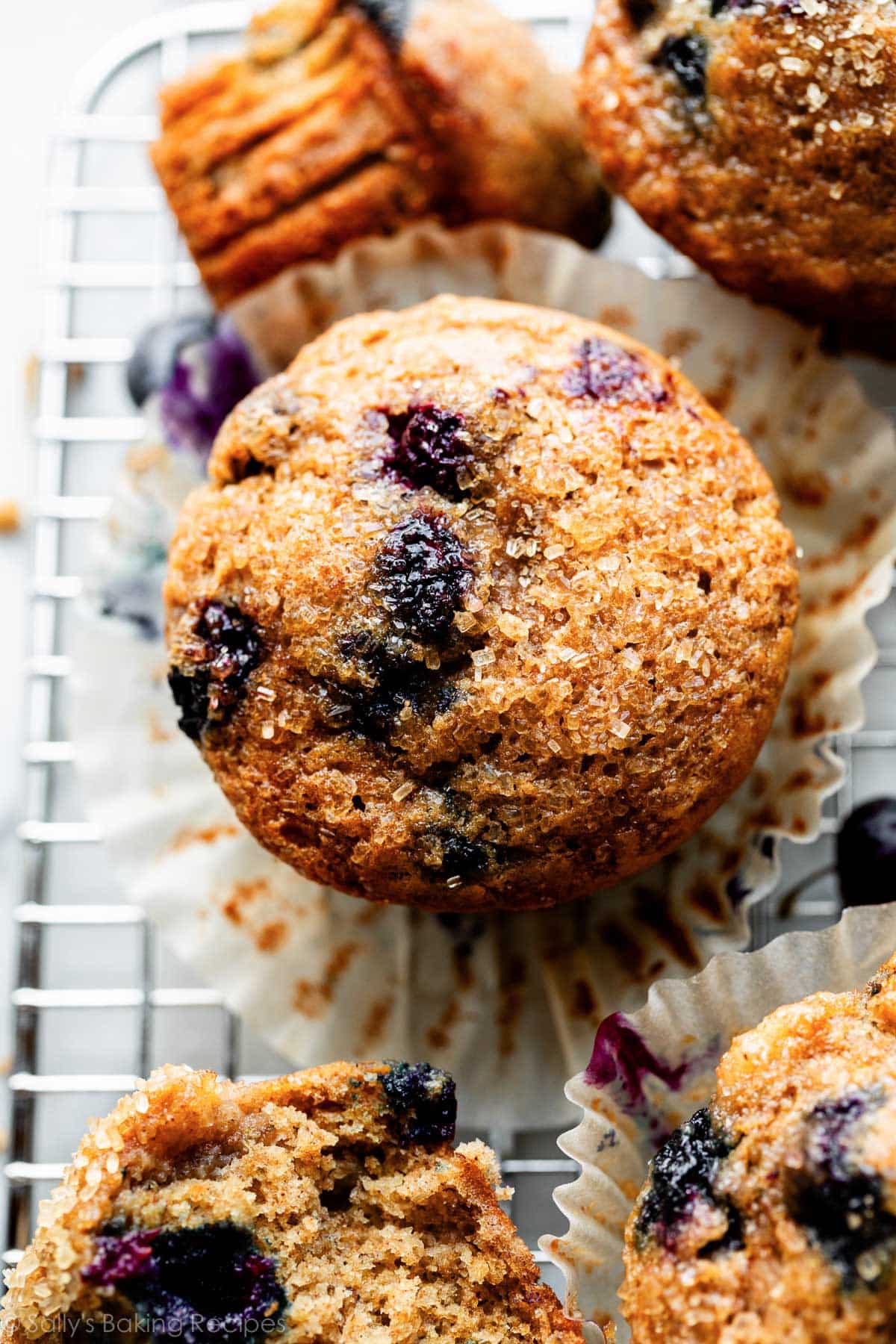 close-up of a banana blueberry muffin.