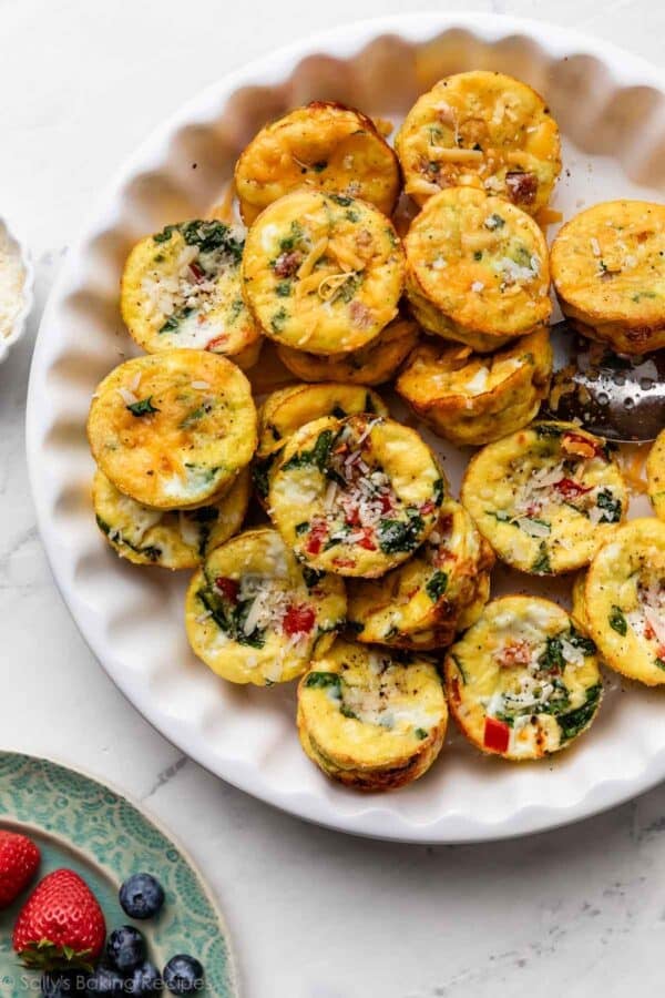 egg muffins in white serving dish.