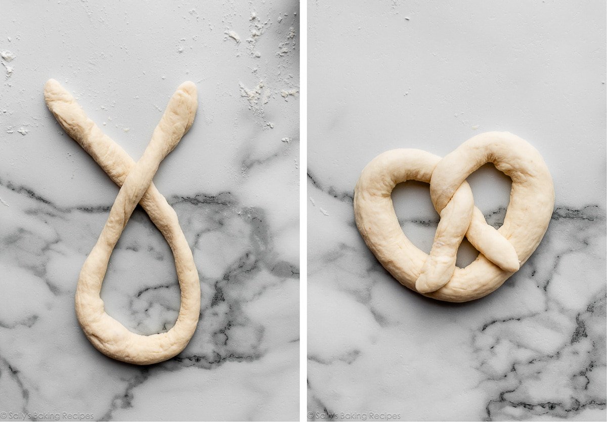 shaping pretzel dough.