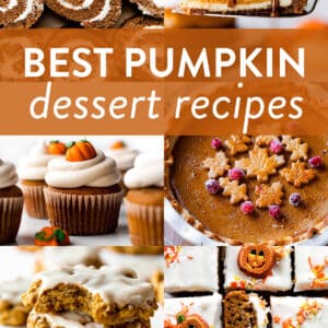 collage of pumpkin dessert recipes pictures including pumpkin roll, pumpkin swirl cheesecake, pumpkin cupcakes, pumpkin pie, and pumpkin bars.