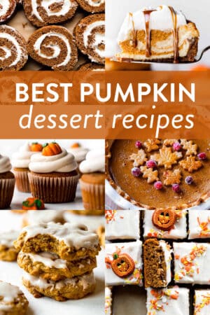 collage of pumpkin dessert recipes pictures including pumpkin roll, pumpkin swirl cheesecake, pumpkin cupcakes, pumpkin pie, and pumpkin bars.