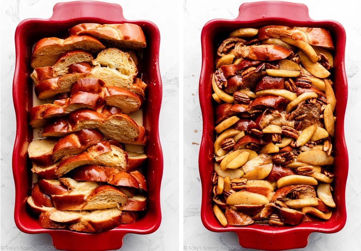 challah slices and apple slices shown in red casserole dish.