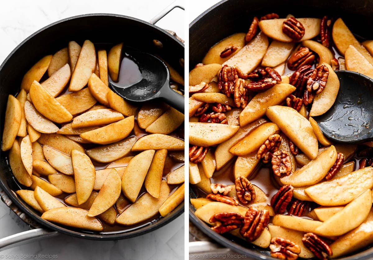 apple slices in skillet and shown again with pecans stirred in.