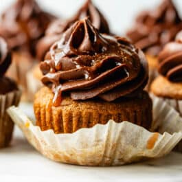 pumpkin dessert recipes including pumpkin cupcakes with chocolate frosting on cake stand.