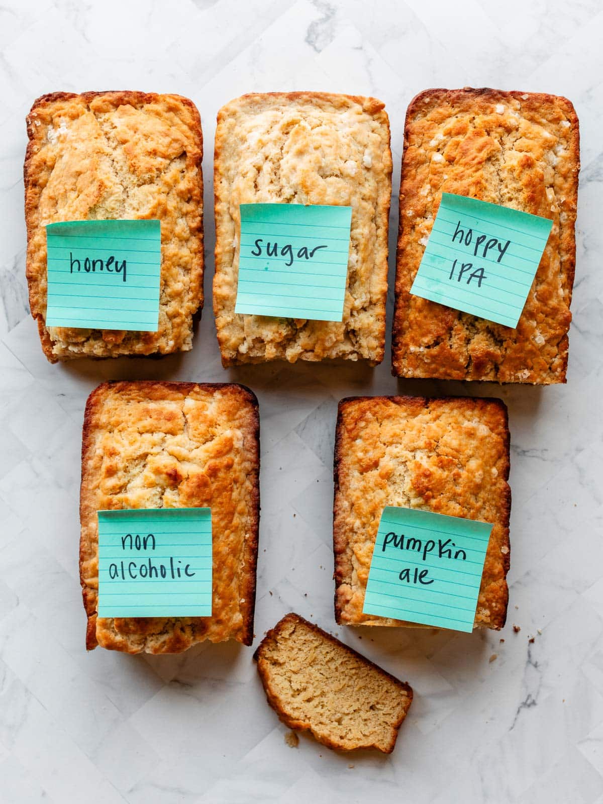 beer bread loaves with blue post-its on top with words.