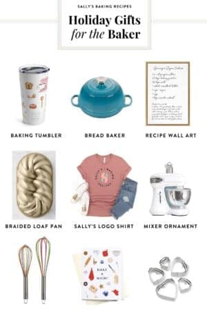 collage of graphics of different baking items including baking sweatshirt, pink Sally's Baking shirt, rainbow whisks, baking tumbler cup, and more.