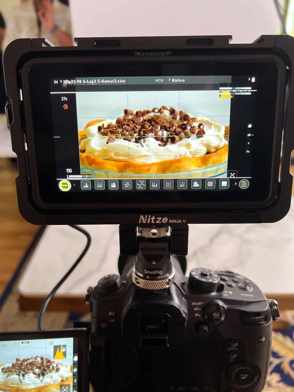 camera screen showing French silk pie with chocolate curls on top.
