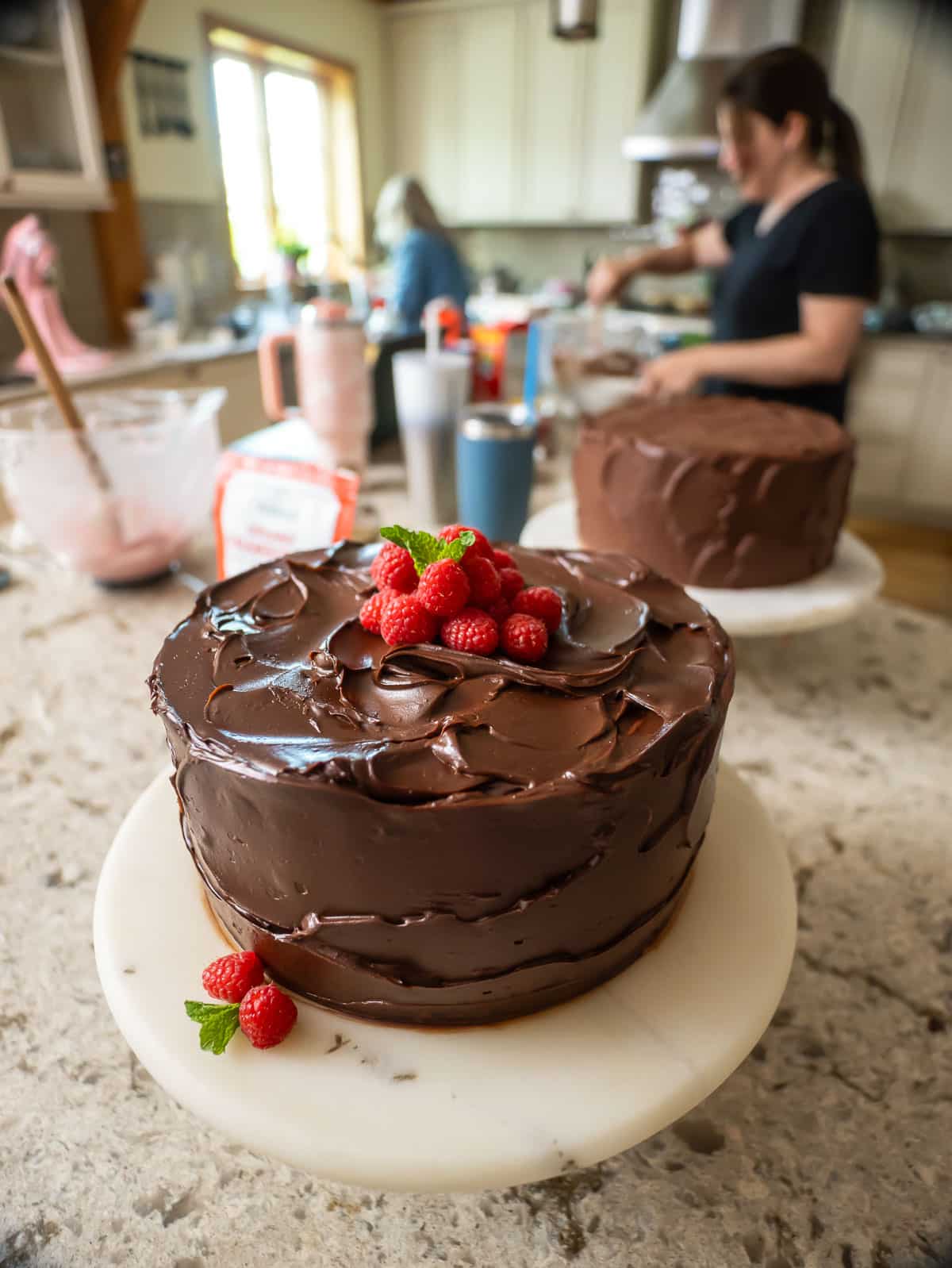 chocolate raspberry cakes on counter.