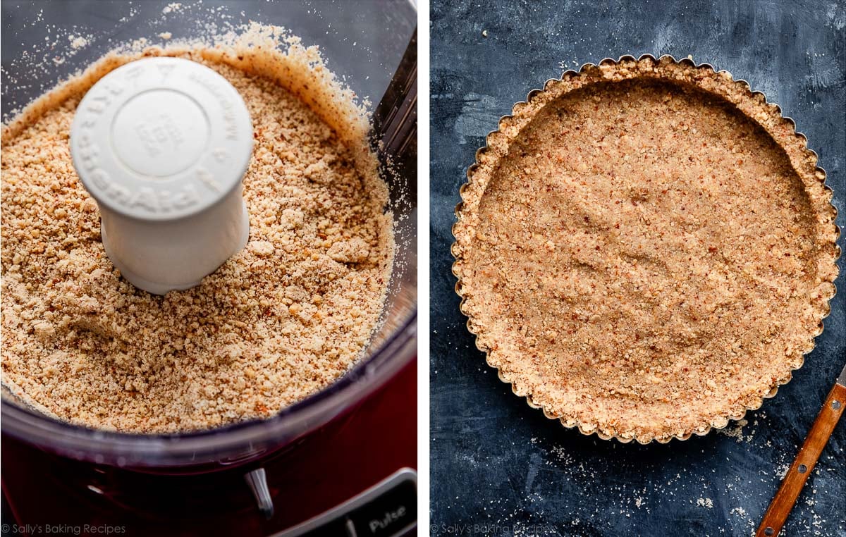 crumbly crushed almond mixture in food processor bowl and shown again pressed into tart pan.