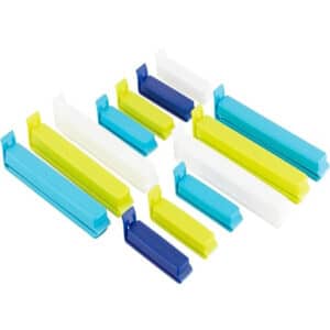 green, blue, and white bag clips.