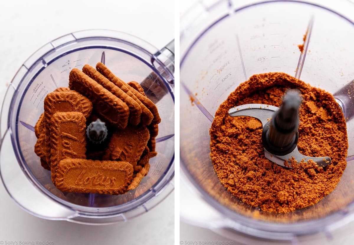 Biscoff cookies in a blender and shown again as crumbs.