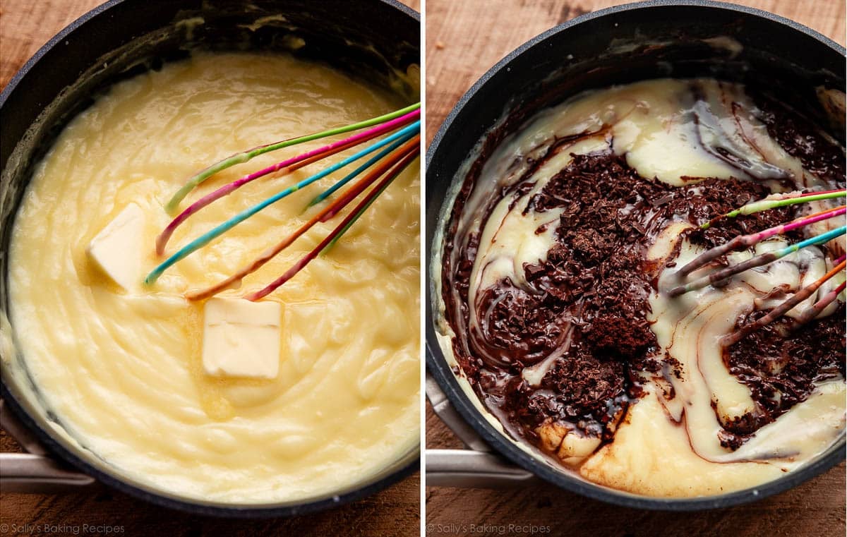 butter pieces in pudding and shown again whisking in chopped chocolate.