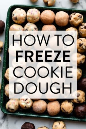 graphic of frozen cookie dough balls with text How to Freeze Cookie Dough overlay on top.