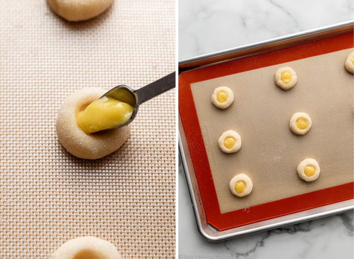 spooning lemon curd into thumbprint cookie and pictured again lined up on baking sheet.